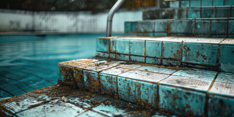 Neglected Old Swimming Pool Needing Maintenance. Dirty outside pool, pool cleaning and repair service.