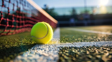 Tennis ball beside tennis net