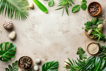 Eco-friendly concept with plants and natural materials on cream background. Copy space