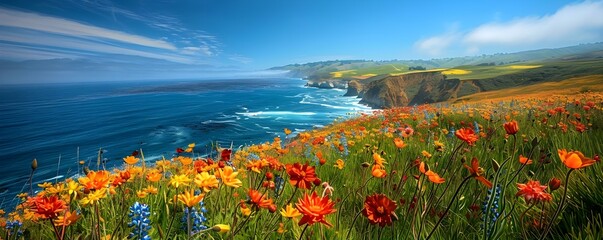 A coastal cliff adorned with an array of spring wildflowers becomes a canvas of color against the backdrop of the vast and timeless ocean. Concept Wildflowers, Coastal Cliff, Ocean View