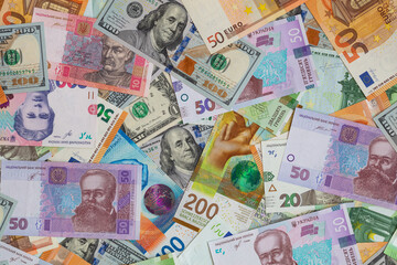 Closeup of  Swiss franc, US dollar, Euro, polish zloty banknotes  banknotes