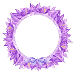 Hand drawn watercolor purple aquilegia flowers round frame border with a bow isolated on white background. Can be used for cards, label, invitation and other printed products.