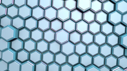 Modern PC screensaver in the form of blue metallic hexagons. Rendering illustration.
