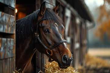 Fototapeta premium horse in the stable, horse ranch with a house and fence,old farm house