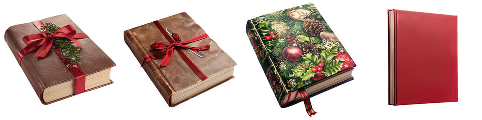 Four books wrapped in festive ribbons and paper, suggesting a thoughtful and literary Christmas gift. The bindings and ribbons have a holiday theme, with two books showing pine decorations.