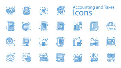Set of accounting and taxes Icons. Accountancy, Income Tax, Tax Refunds, Financial Report, Savings, Financial Planning.