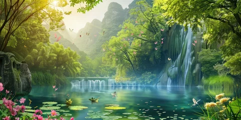 Gordijnen Tranquil river flows through lush forest © PNG WORLD