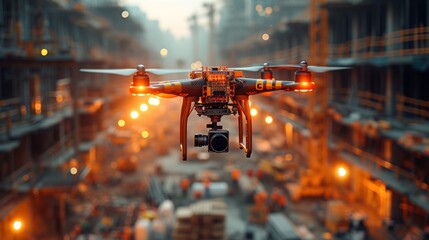 Drone Pilot Monitoring Construction Site at Sunset