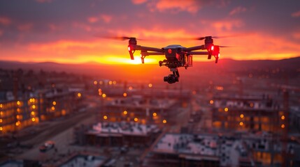 Drone Pilot Monitoring Construction Site at Sunset