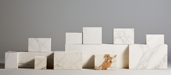 A sculpture of a cat is depicted sitting elegantly on a block of marble, showcasing intricate details and lifelike features. The genuine marble texture contrasts beautifully with the white backdrop