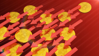 3d rendering of golden, physical Bitcoin coins with red arrows - symbolizes a falling price (downward trend) - business concept. - 754331086