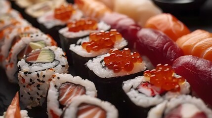 The image showcases a variety of sushi on a white plate, perfectly encapsulating the essence of traditional Japanese cuisine with a focus on fresh, healthy seafood