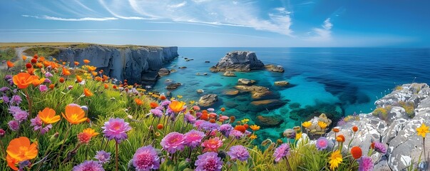 Colorful Spring Wildflowers Blanket a Coastal Cliff With the Timeless Ocean as the Backdrop. Concept Wildflower Photoshoot, Coastal Cliff Views, Spring Blooms, Timeless Ocean Backdrop