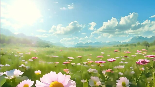 Sunny meadow with colorful wildflowers under a clear blue sky with fluffy clouds.