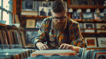 Fototapete Musikladen hipster man with beard and plaid shirt and suspenders, playing vinyl records in a vintage record store