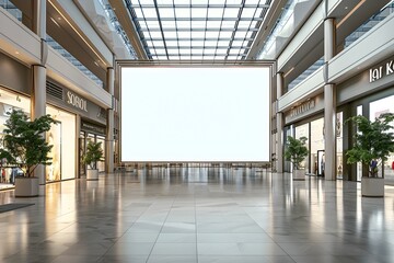 Large Blank Billboard in Empty Shopping Mall, To convey a sense of emptiness and stillness in a commercial space, great for real estate or retail - obrazy, fototapety, plakaty