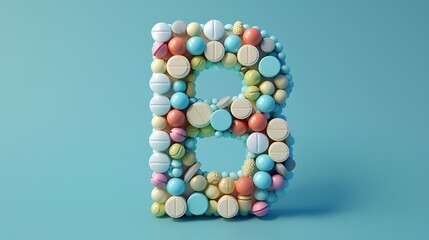 different pills stack in shape of letter B. suitable for children, bubble and science theme. 3D illustration with blue background