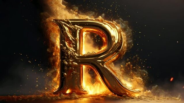 Letter R golden 3d on fire video animation, seamless looping video animated background	