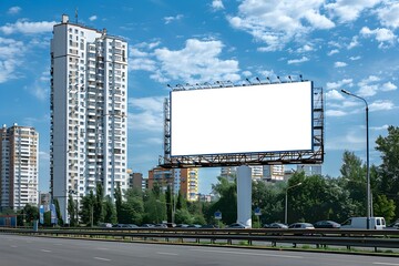 Large White Billboard on Urban Highway with Cityscape in Moscow, To showcase a blank advertising space in a modern city, this image can be used for