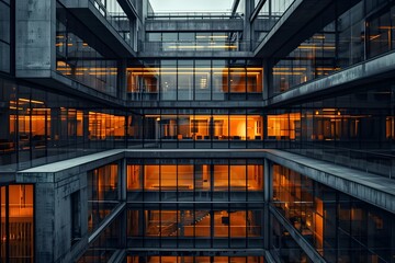 Modern Office Building with Symmetrical Design at Dusk, To convey a sense of modernity, professionalism, and sleek design in a corporate or business