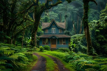 Blue House in Lush Forest, To convey a sense of peace and tranquility in a secluded and isolated setting