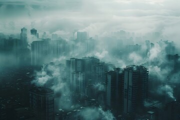 Smoky City Skyscrapers in Gritty Textures, To convey a sense of urban decay and post-apocalyptic atmosphere, perfect for adding a moody and