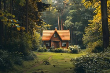 Red Cottage in the Woods, To convey a sense of peace and simplicity in a natural setting, perfect for a quiet vacation or retirement home