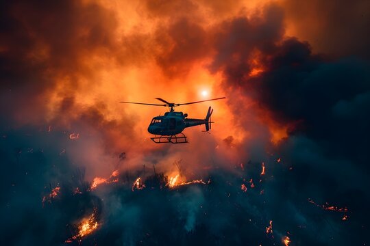 Helicopter Fighting Forest Fire from Above, To highlight the crucial role of helicopters and firefighting teams in managing and preventing forest