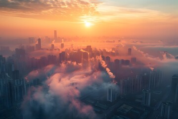 Golden Hour Drone View of a Chinese City Skyline Shrouded in Mist, To provide a unique and captivating visual for use in advertising, marketing, and - obrazy, fototapety, plakaty
