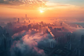 Poster Golden Hour Drone View of a Chinese City Skyline Shrouded in Mist, To provide a unique and captivating visual for use in advertising, marketing, and © TEERAWAT