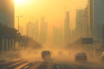 Cars Driving Through Dust on Urban Street, To convey the message of environmental awareness and the impact of cars and transportation on urban