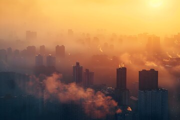 Fototapeta premium Smoky City Sunset or Sunrise View, To convey a sense of environmental awareness, while also showcasing the beauty of urban landsces in a dreamy,