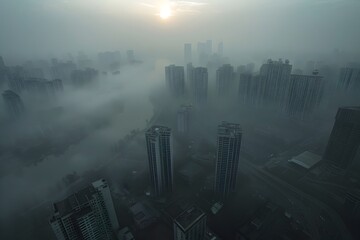 Obraz premium Foggy Chinese City Skyline, To show the impact of urbanization on the environment, emphasizing the need for environmentalism and sustainable