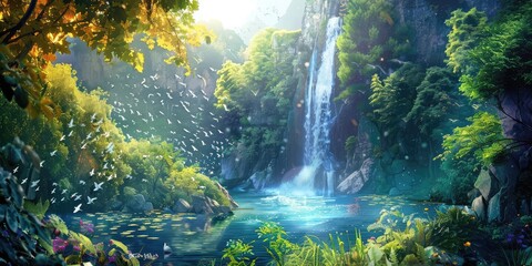 waterfall in deep tropical jungle rainforest