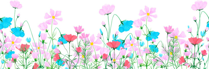 Hand drawn watercolor daisy wildflowers seamless border isolated on white background. Can be used for cards, invitation, textile and other printed products.