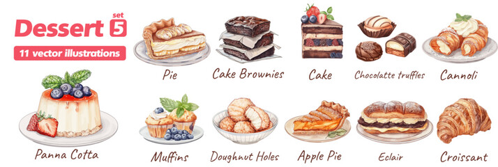 Set of vector watercolor pastry and dessert icons isolated on white background for game design. Tasty sweets for game collection: ice cream, macaroon, muffin, pudding, cake. 