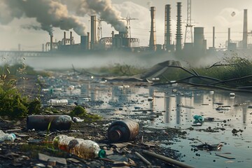 Environmental Apocalypse Industrial Wasteland and Marine Pollution, To raise awareness about environmental pollution and the impact of industrial - obrazy, fototapety, plakaty