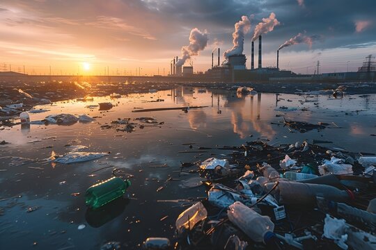 Industrial Sunset with Plastic Waste in Water, To raise awareness about the environmental impact of industrial pollution and plastic waste