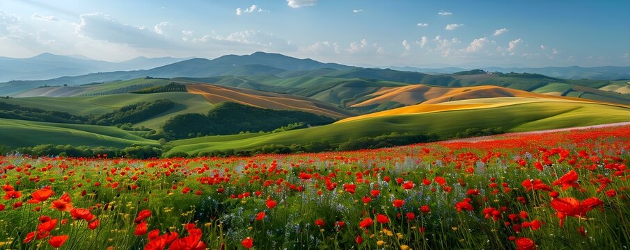 A rolling hill reveals a patchwork of spring flowers in a scenic view each hue and shape contributing to the harmonious symphony of the landscape. Concept Nature, Springtime, Landscape, Florals