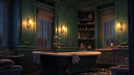 Generative AI, Interior of modern bathroom with burning candles in evening. Romantic atmosphere, spa and relax concept