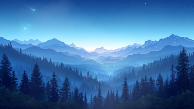 Forest and mountain silhouette at night. seamless looping 4k time-lapse animation video background