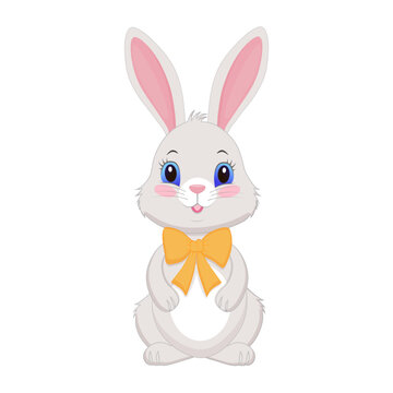 Cute gray rabbit in a yellow bow, flat illustration for children's books, Easter, children's party