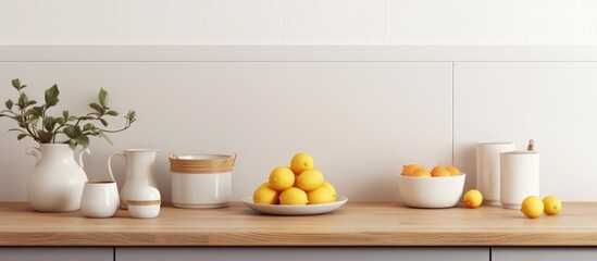 Fototapeta na wymiar A wooden table in an elegant kitchen interior is topped with white vases filled with yellow fruit. The ceramic kitchenware adds a modern touch to the clean beige cooking surface.