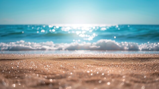 Natural blurred defocused background for concept summer vacation. Nature of tropical summer beach with rays of sunlight. Light sand beach, ocean water sparkles against blue sky, generative ai
