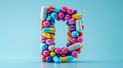 different pills stack in shape of the English alphabet letter D. suitable for children, bubble and science theme. 3D illustration with light blue background