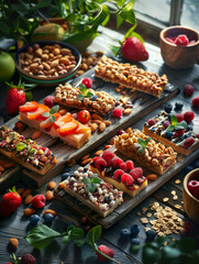 Chocolate bars generously topped with an assortment of fresh berries, nuts, and seeds on a rustic wooden board. 
