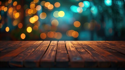 Empty wooden table with bokeh background, night view, blurred bokeh lights background, generative ai