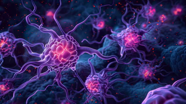 Neurons with dendrites affected by amyloid plaques in Alzheimer's disease. 