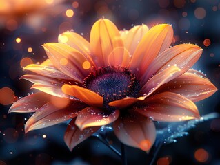  a digital photo of cinematic realism sunflower , Muted glow opal white color margarite, iridescent opalescent colours, dark background