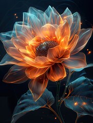  a digital photo of cinematic realism sunflower , Muted glow opal white color margarite, iridescent opalescent colours, dark background